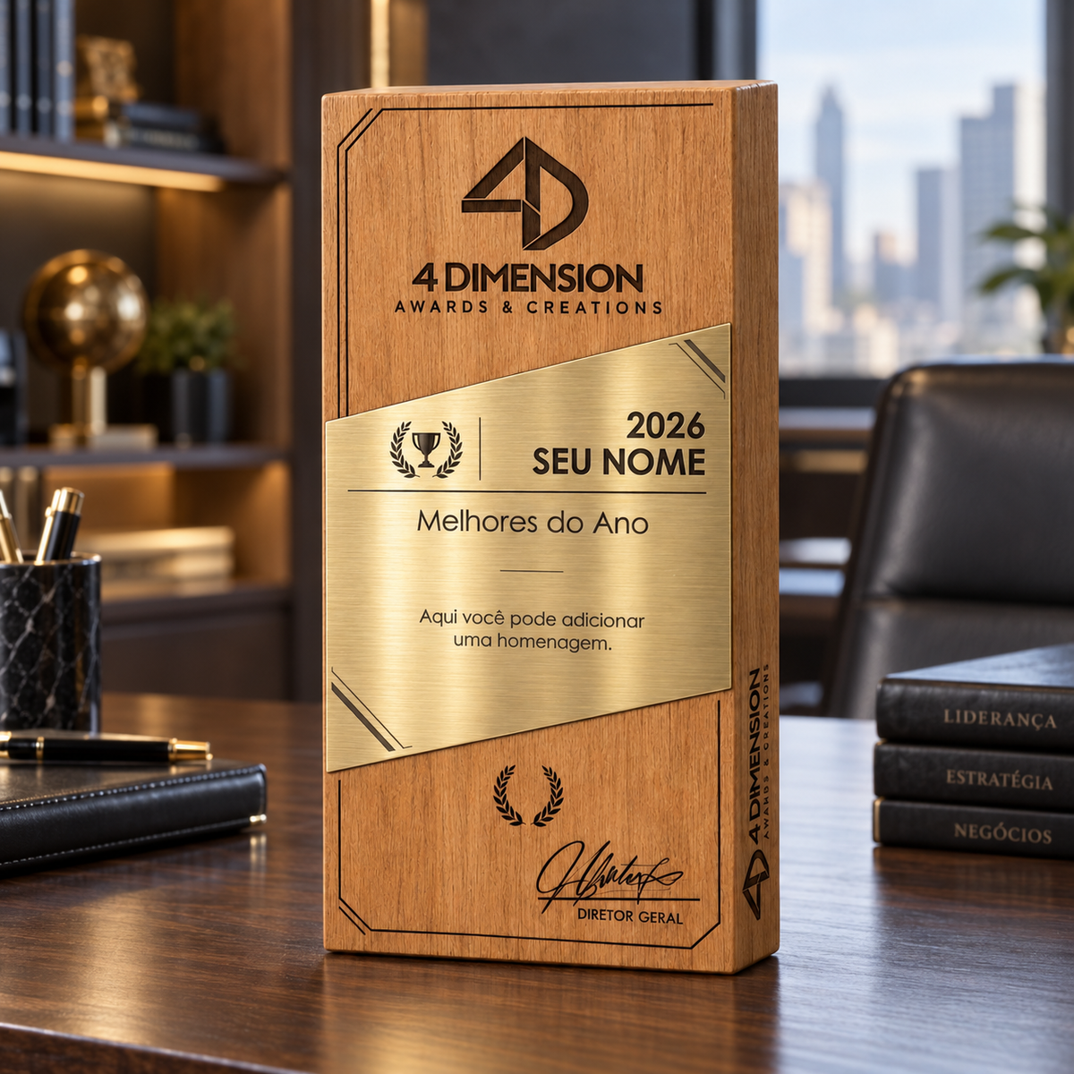 Madeira Nobre + Placa de Metal Dourado