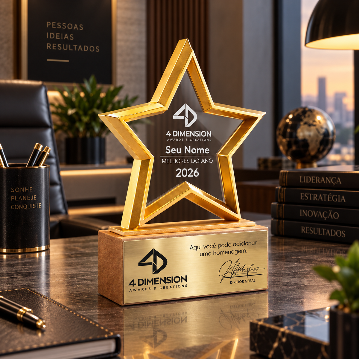 Madeira + Placa de metal Dourado