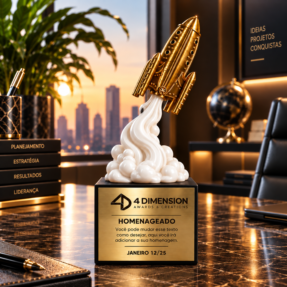 Laqueado preto com Placa de Metal Dourado